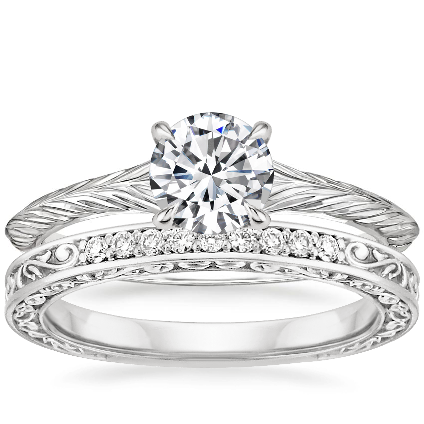 18K White Gold Canela Ring with Delicate Antique Scroll Diamond Ring (1/15 ct. tw.)