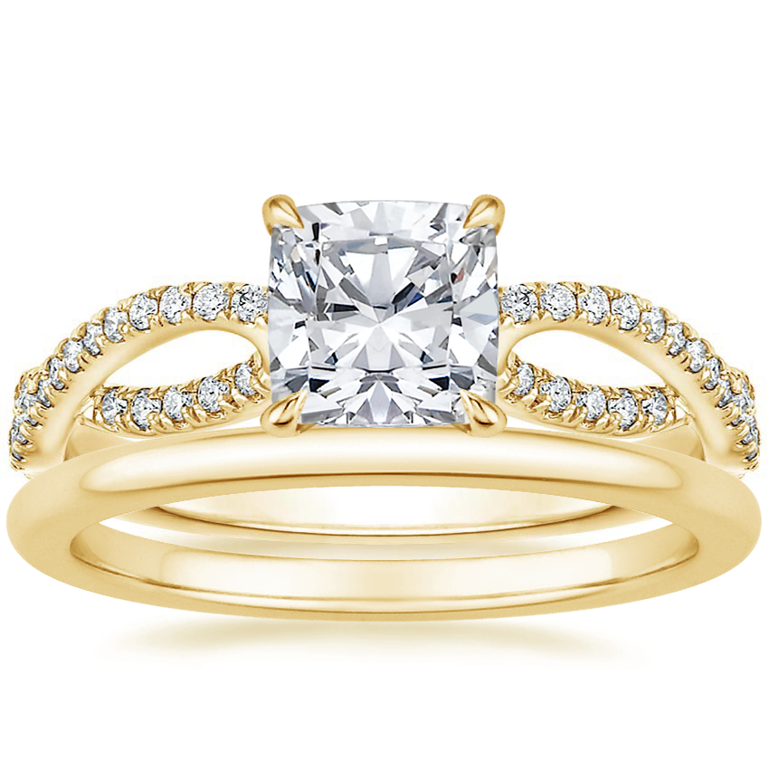18K Yellow Gold Cascade Diamond Ring with Petite Comfort Fit Wedding Ring