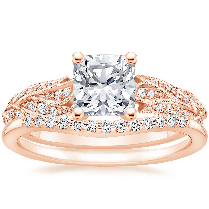 14K Rose Gold Plume Diamond Ring with Petite Curved Diamond Ring
