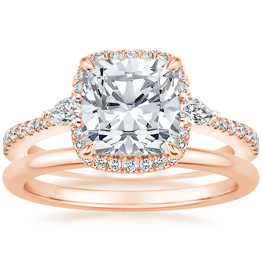 14K Rose Gold Luxe Aria Halo Diamond Ring with Petite Comfort Fit Wedding Ring