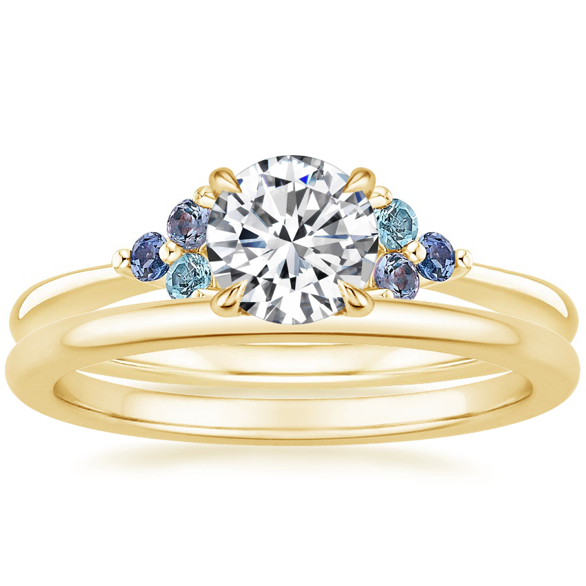 18K Yellow Gold Indigo Melody Diamond Ring with Petite Comfort Fit Wedding Ring