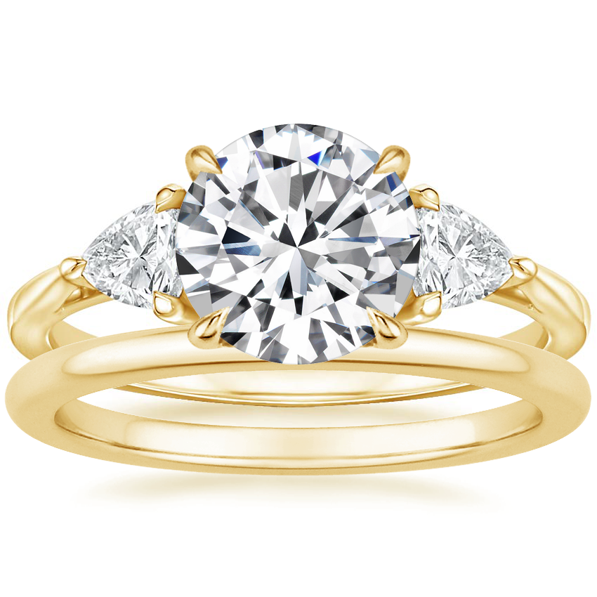 18K Yellow Gold Luxe Trillion Cut Three Stone Diamond Ring with Petite Comfort Fit Wedding Ring