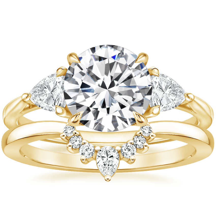 18K Yellow Gold Luxe Trillion Cut Three Stone Diamond Ring with Lunette Diamond Ring