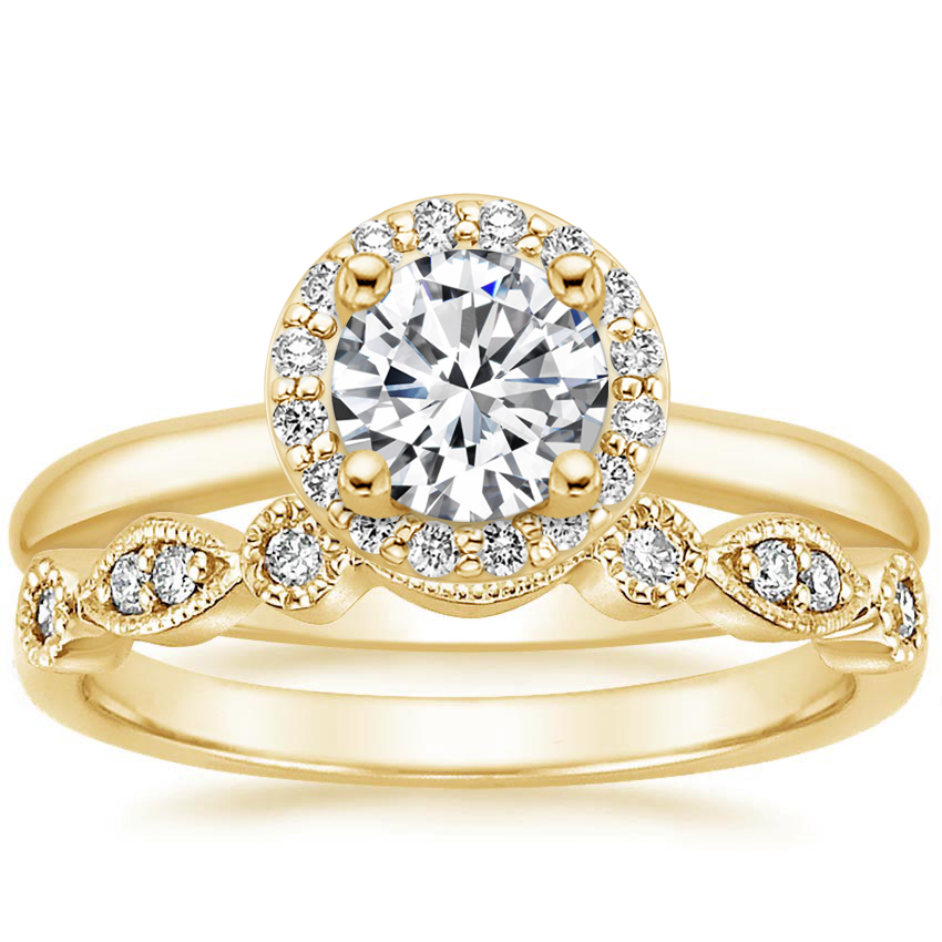 18K Yellow Gold Halo Diamond Ring (1/6 ct. tw.) with Tiara Diamond Ring (1/10 ct. tw.)
