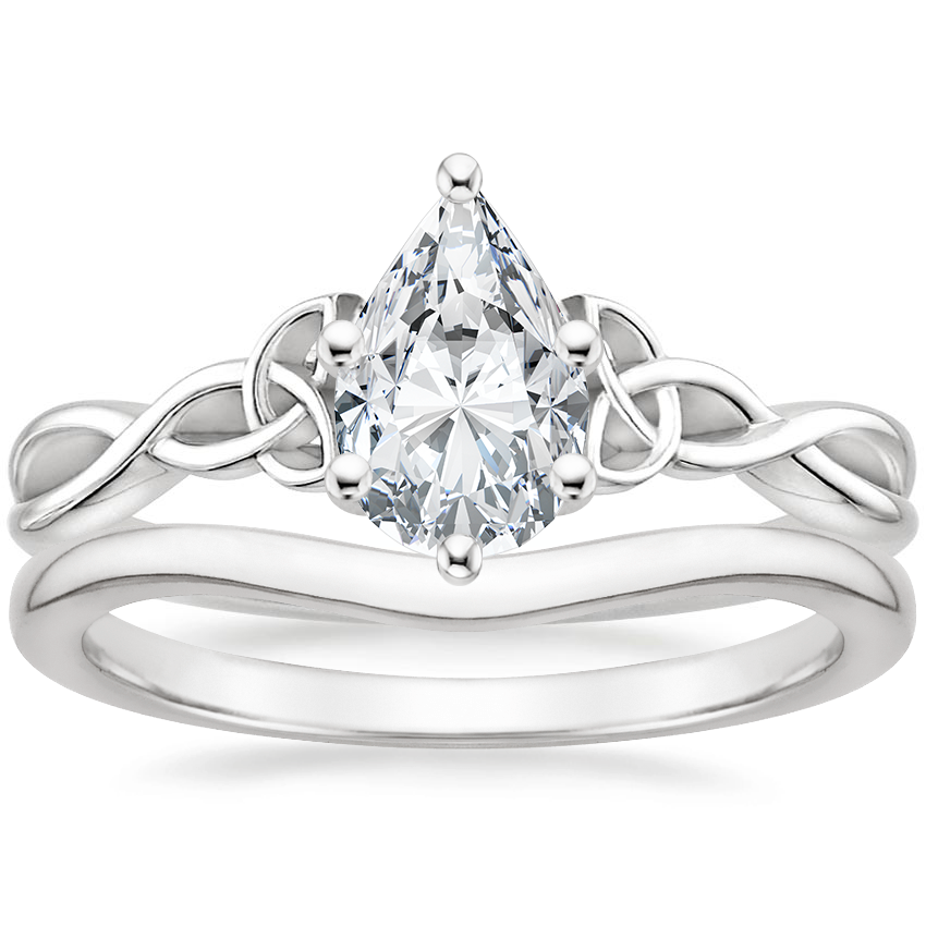 18K White Gold Entwined Celtic Love Knot Ring with Petite Curved Wedding Ring