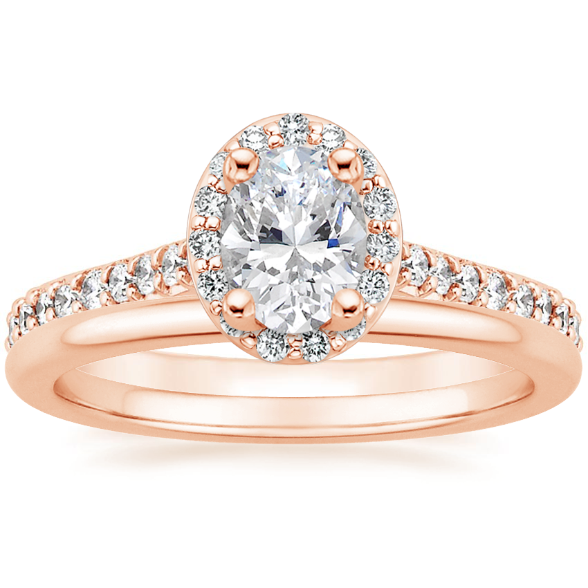 14K Rose Gold Halo Diamond Ring with Side Stones (1/3 ct. tw.) with Petite Comfort Fit Wedding Ring