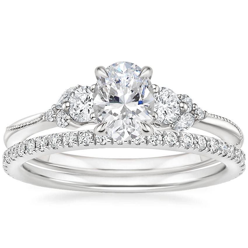 18K White Gold Camellia Three Stone Diamond Ring (1/3 ct. tw.) with Luxe Ballad Diamond Ring (1/4 ct. tw.)