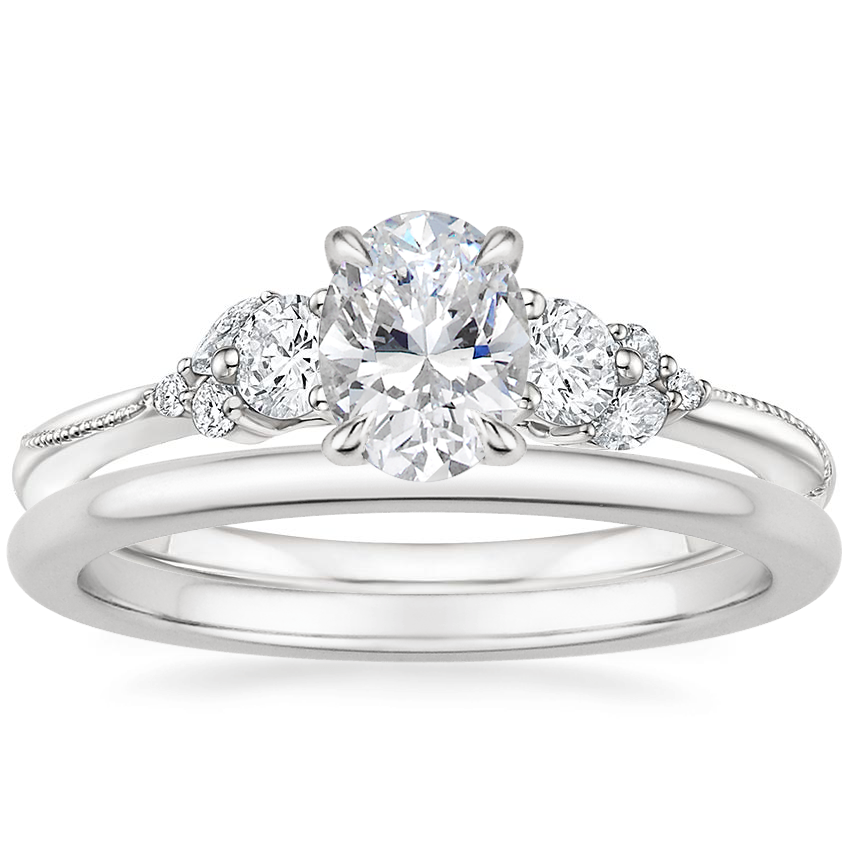 18K White Gold Camellia Three Stone Diamond Ring (1/3 ct. tw.) with Petite Comfort Fit Wedding Ring
