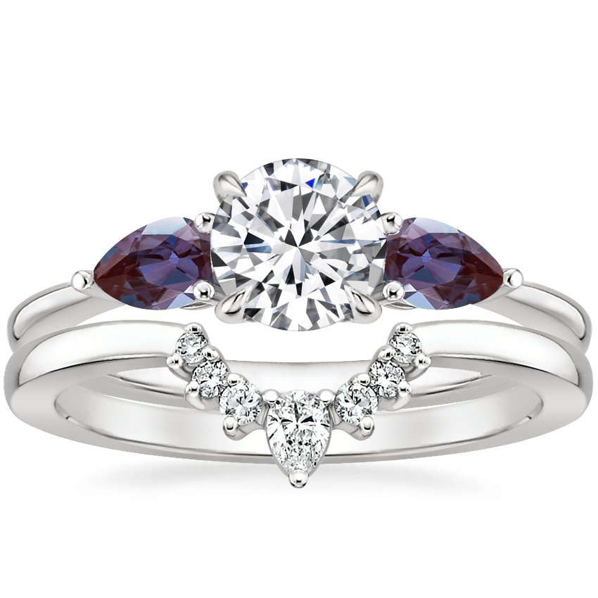 18K White Gold Opera Ring with Lab Alexandrite Accents with Lunette Diamond Ring