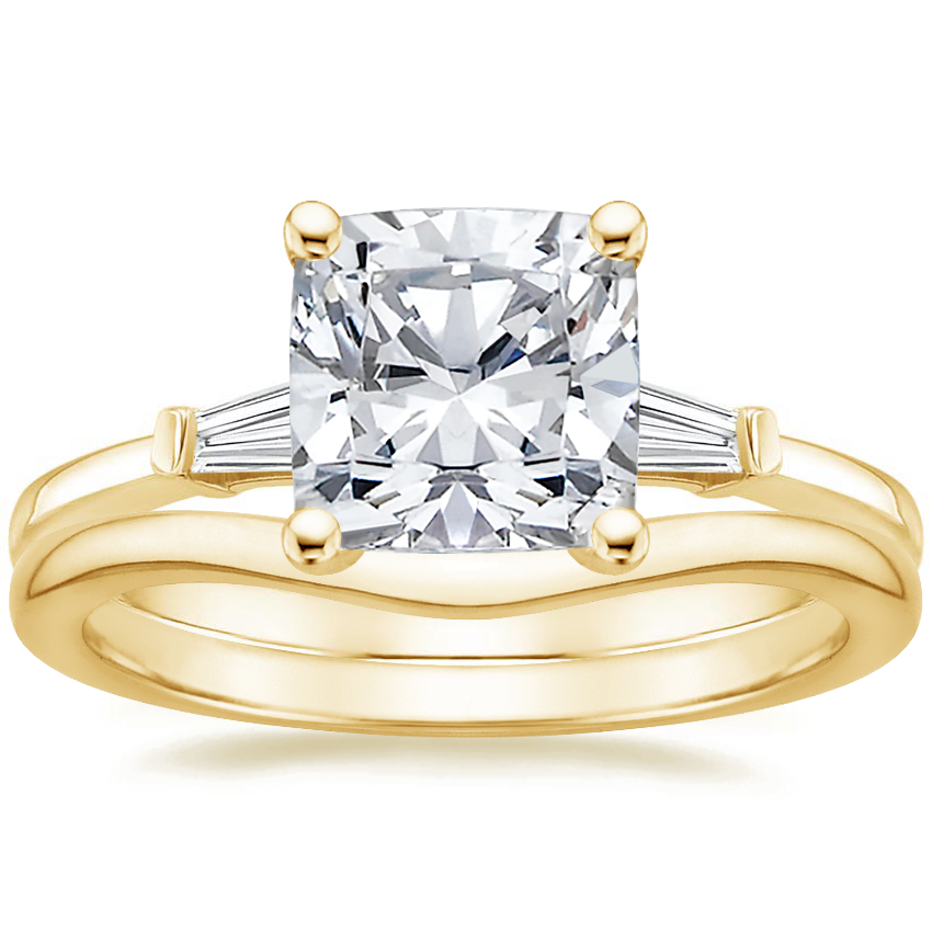 18K Yellow Gold Tapered Baguette Diamond Ring with Petite Curved Wedding Ring