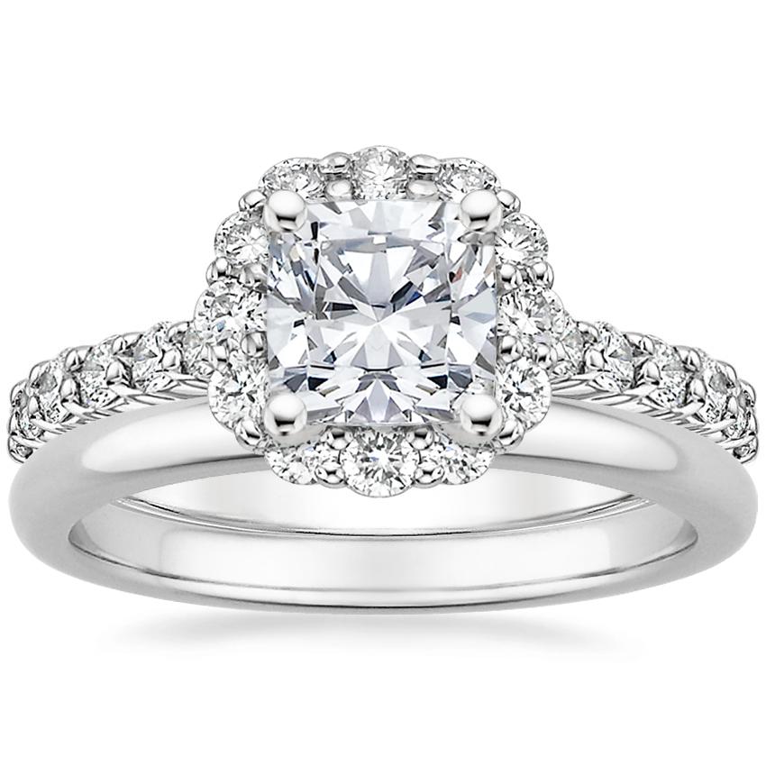 18K White Gold Lotus Flower Diamond Ring with Side Stones with 2mm Comfort Fit Wedding Ring