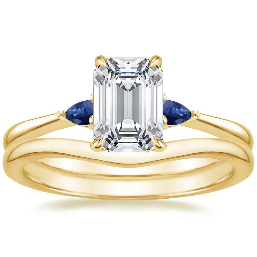 18K Yellow Gold Aria Diamond Ring with Sapphire Accents with Petite Curved Wedding Ring