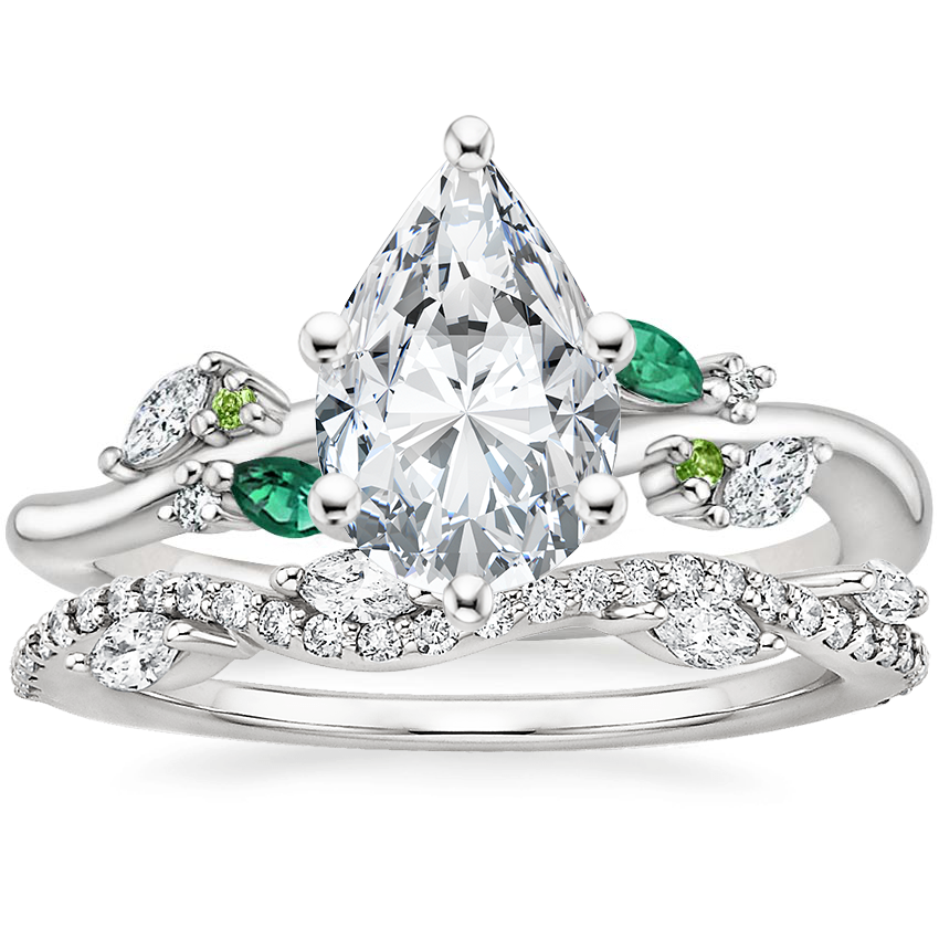 Platinum Arden Diamond Ring with Lab Emerald Accents with Luxe Winding Willow Diamond Ring (1/4 ct. tw.)