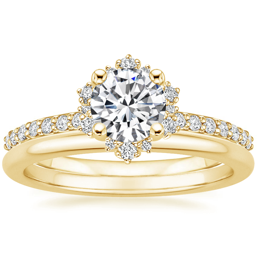 18K Yellow Gold Flor Diamond Ring with Petite Comfort Fit Wedding Ring