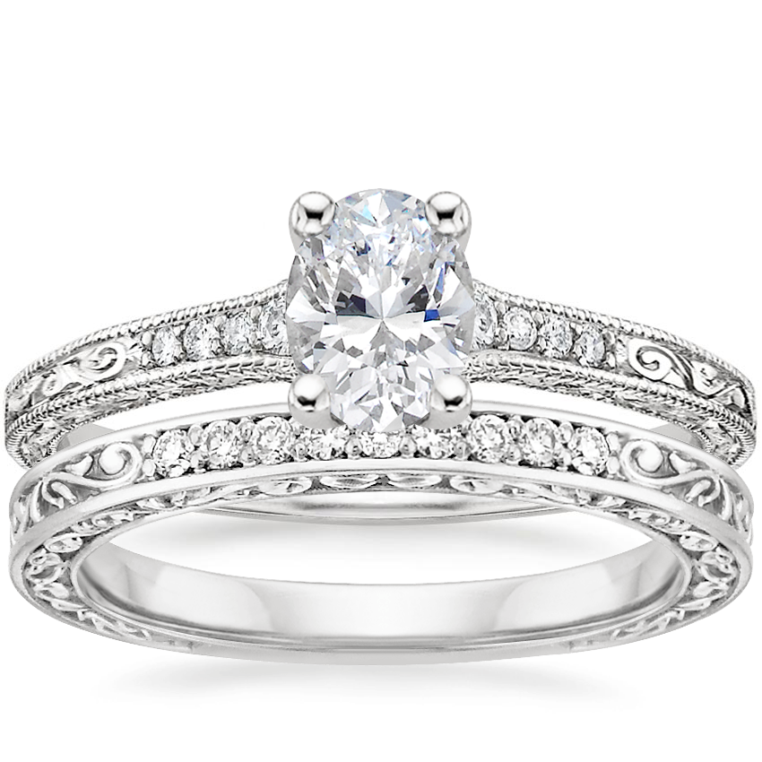 Platinum Luxe Hudson Diamond Ring (1/10 ct. tw.) with Delicate Antique Scroll Diamond Ring (1/15 ct. tw.)