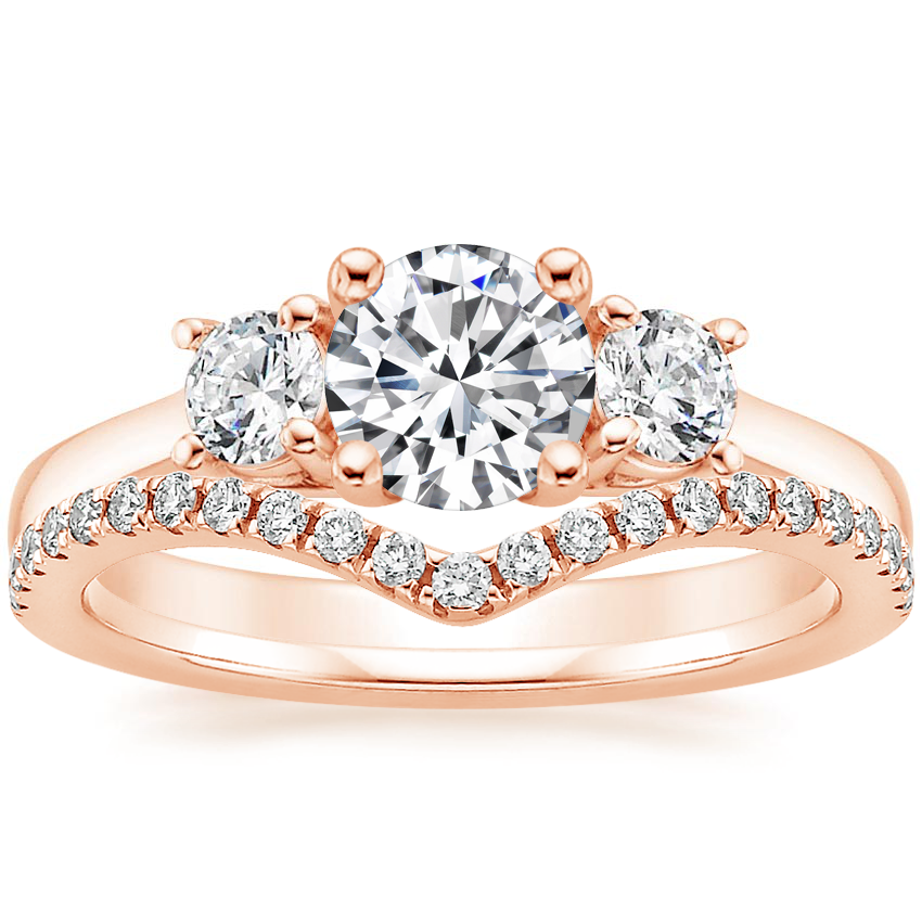 14K Rose Gold Petite Three Stone Trellis Diamond Ring (1/3 ct. tw.) with Flair Diamond Ring (1/6 ct. tw.)