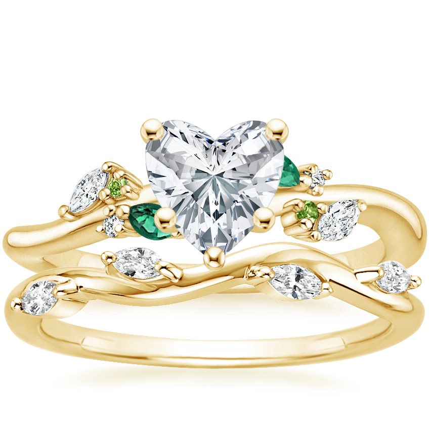 18K Yellow Gold Arden Diamond Ring with Lab Emerald Accents with Winding Willow Diamond Ring