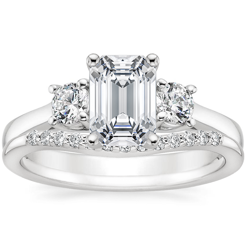 18K White Gold Petite Three Stone Trellis Diamond Ring (1/3 ct. tw.) with Petite Curved Diamond Ring (1/10 ct. tw.)