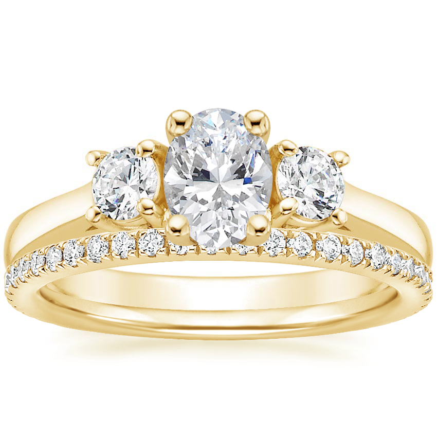 18K Yellow Gold Petite Three Stone Trellis Diamond Ring (1/3 ct. tw.) with Luxe Ballad Diamond Ring (1/4 ct. tw.)