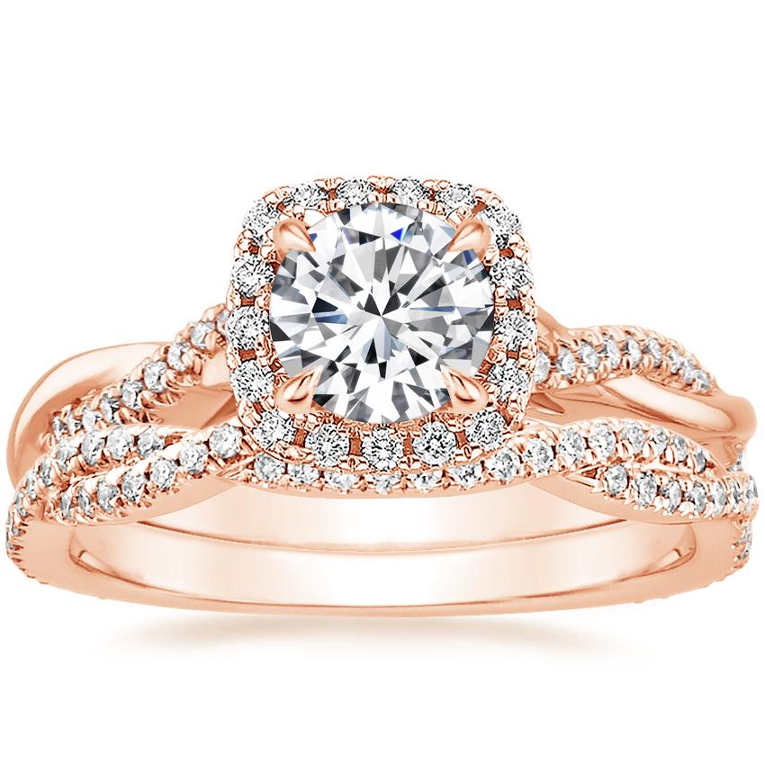14K Rose Gold Petite Twisted Vine Halo Diamond Ring (1/4 ct. tw.) with Petite Luxe Twisted Vine Diamond Ring