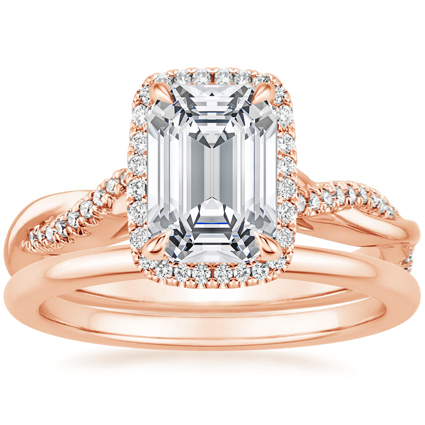 14K Rose Gold Petite Twisted Vine Halo Diamond Ring (1/4 ct. tw.) with Petite Comfort Fit Wedding Ring