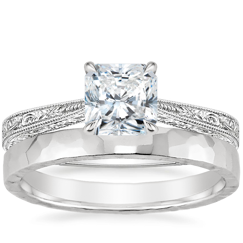 18K White Gold Elsie Ring with 2.5mm Hammered Quattro Wedding Ring