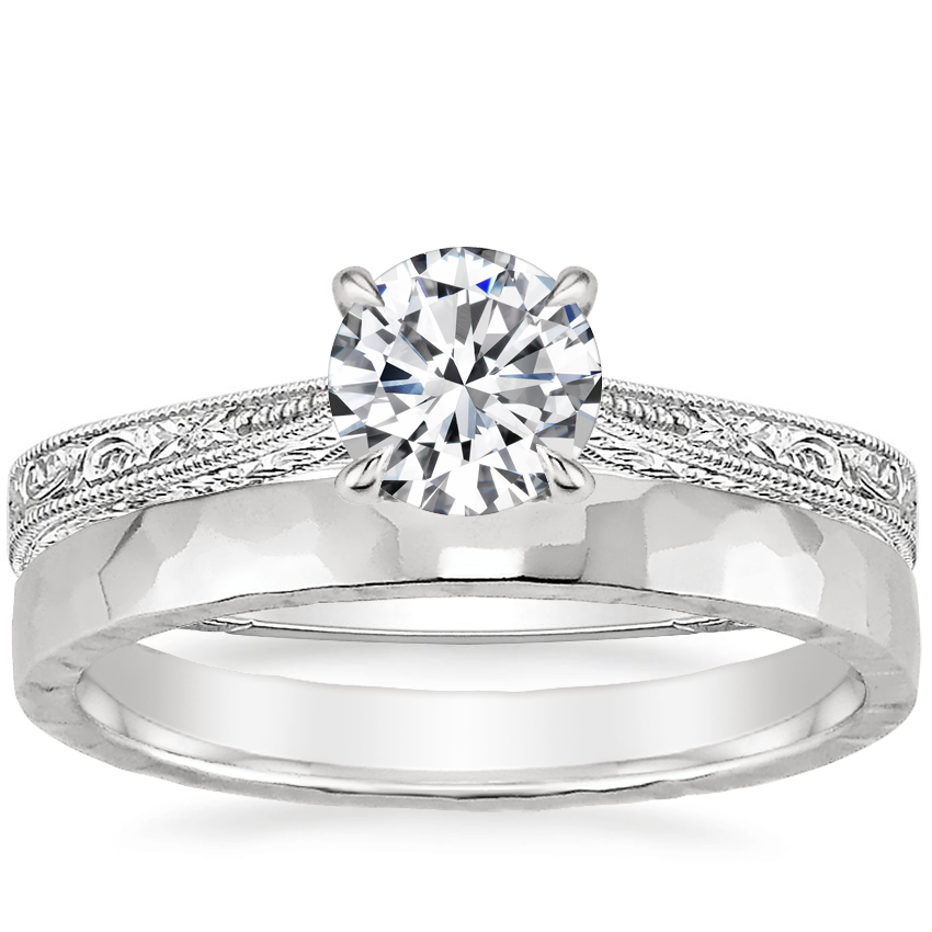 18K White Gold Elsie Ring with 2.5mm Hammered Quattro Wedding Ring