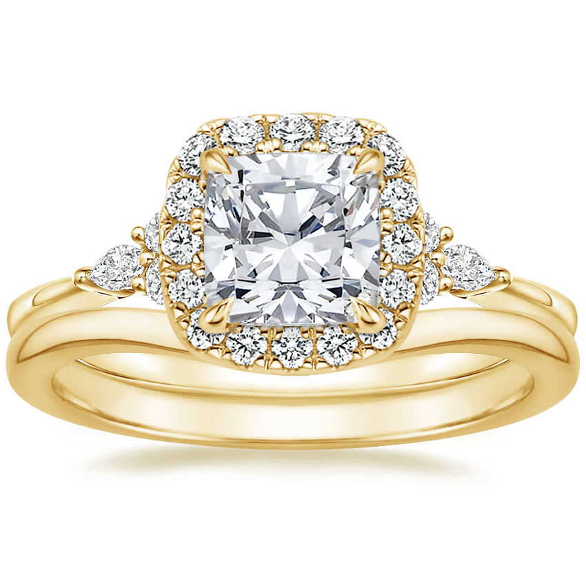 18K Yellow Gold Nadia Halo Diamond Ring with Petite Curved Wedding Ring
