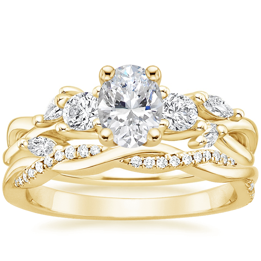18K Yellow Gold Three Stone Willow Diamond Ring (1/3 ct. tw.) with Petite Twisted Vine Diamond Ring (1/8 ct. tw.)