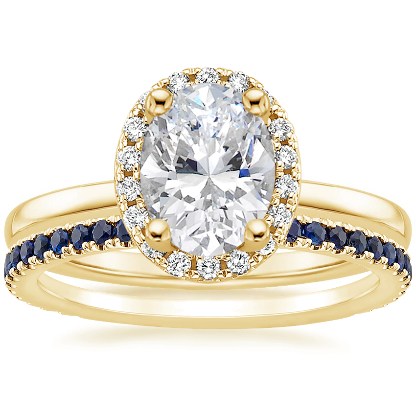 18K Yellow Gold French Halo Diamond Ring with Luxe Ballad Sapphire Ring