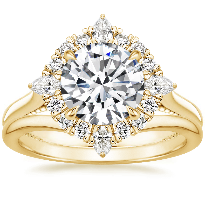 18K Yellow Gold Dahlia Halo Diamond Ring (1/3 ct. tw.) with Petite Curved Wedding Ring