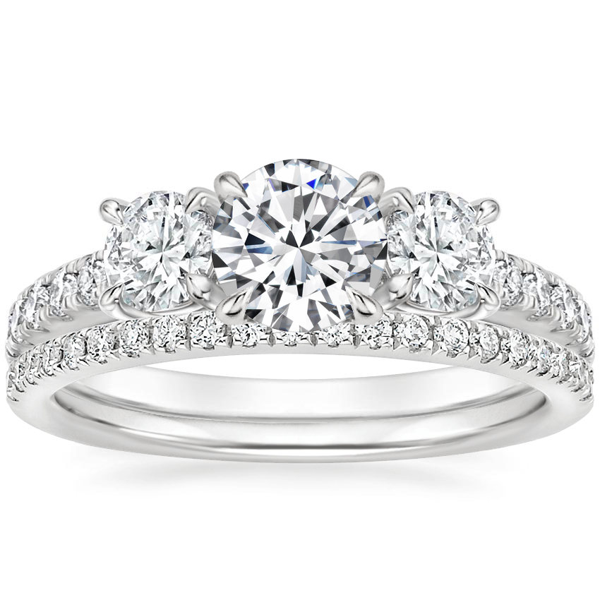 18K White Gold Constance Three Stone Diamond Ring (3/4 ct. tw.) with Ballad Diamond Ring (1/6 ct. tw.)