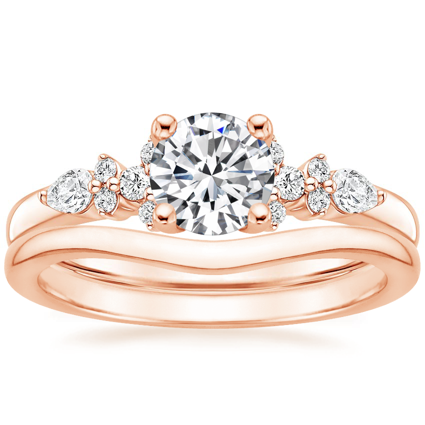 14K Rose Gold Rosette Diamond Ring with Petite Curved Wedding Ring