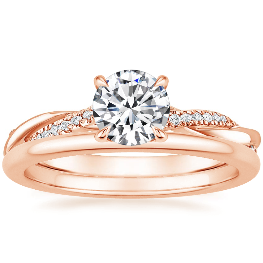 14K Rose Gold Petite Twisted Vine Hidden Halo Diamond Ring with Petite Comfort Fit Wedding Ring