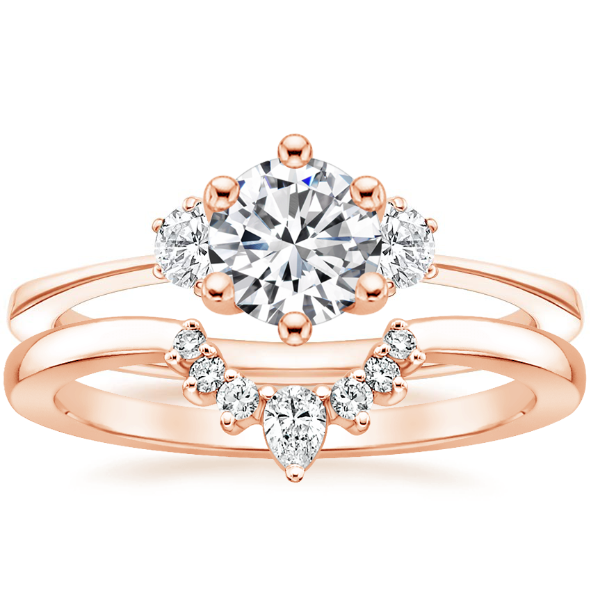 14K Rose Gold Tallula Three Stone Diamond Ring with Lunette Diamond Ring