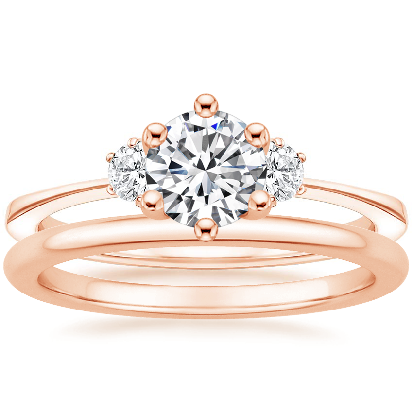14K Rose Gold Tallula Three Stone Diamond Ring with Petite Comfort Fit Wedding Ring