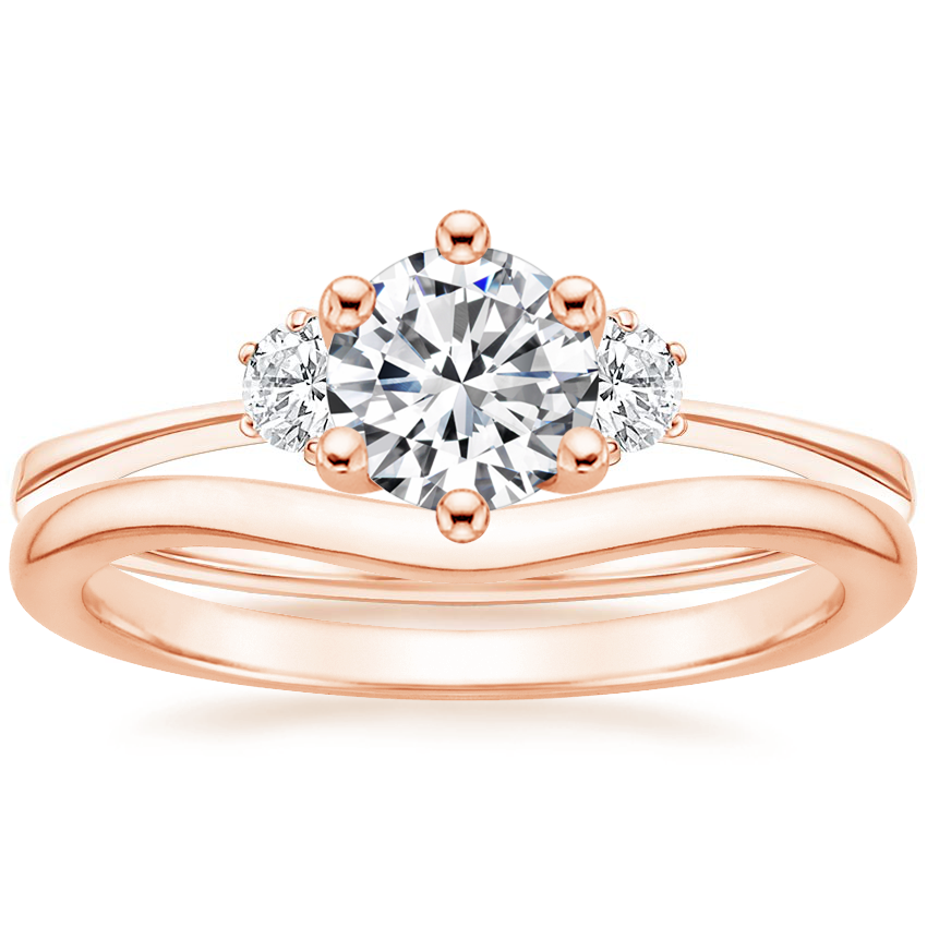 14K Rose Gold Tallula Three Stone Diamond Ring with Petite Curved Wedding Ring
