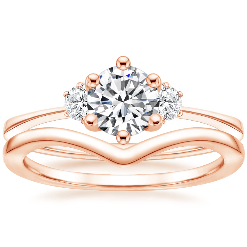 14K Rose Gold Tallula Three Stone Diamond Ring with Chevron Ring