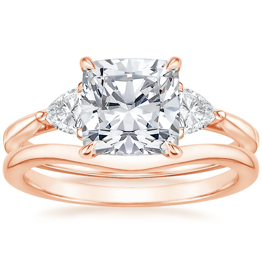 14K Rose Gold Luxe Trillion Cut Three Stone Diamond Ring with Petite Curved Wedding Ring
