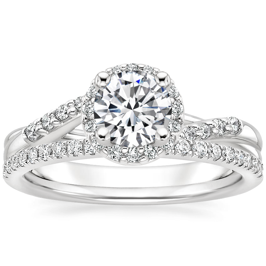 18K White Gold Chamise Halo Diamond Ring (1/5 ct. tw.) with Ballad Diamond Ring (1/6 ct. tw.)