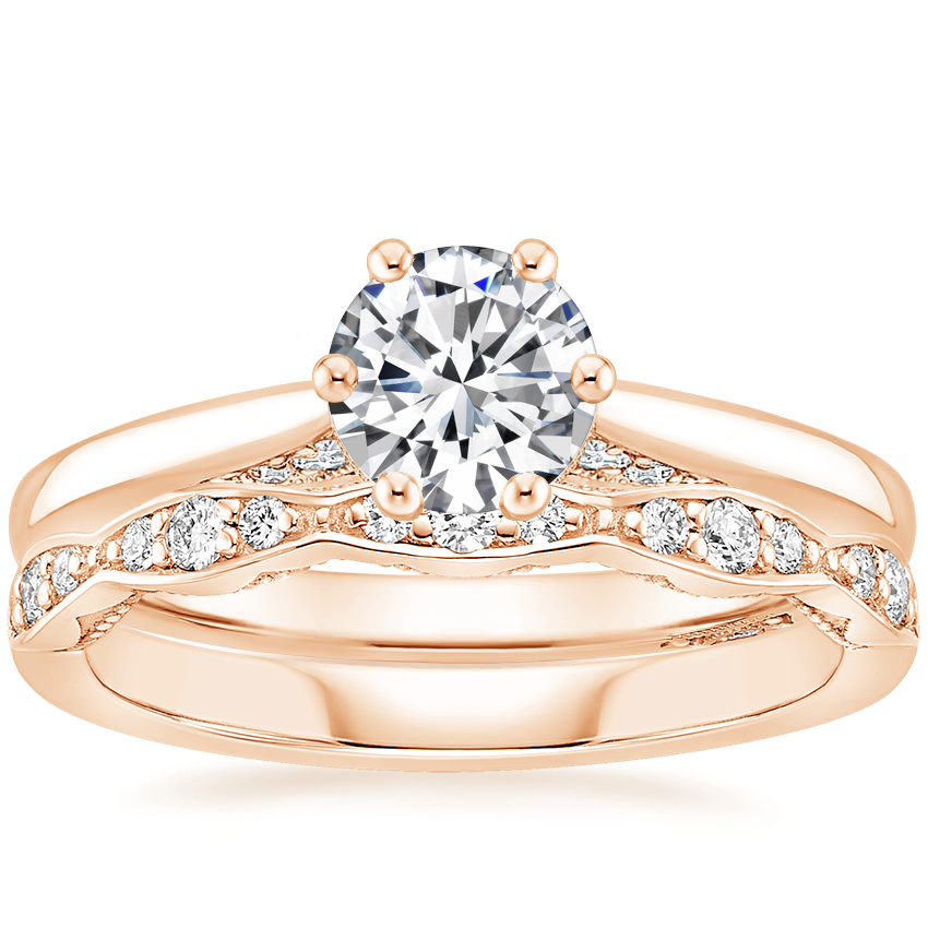 18K Rose Gold Simply Tacori Crown Diamond Ring with Tacori Sculpted Crescent Diamond Ring (1/6 ct. tw.)