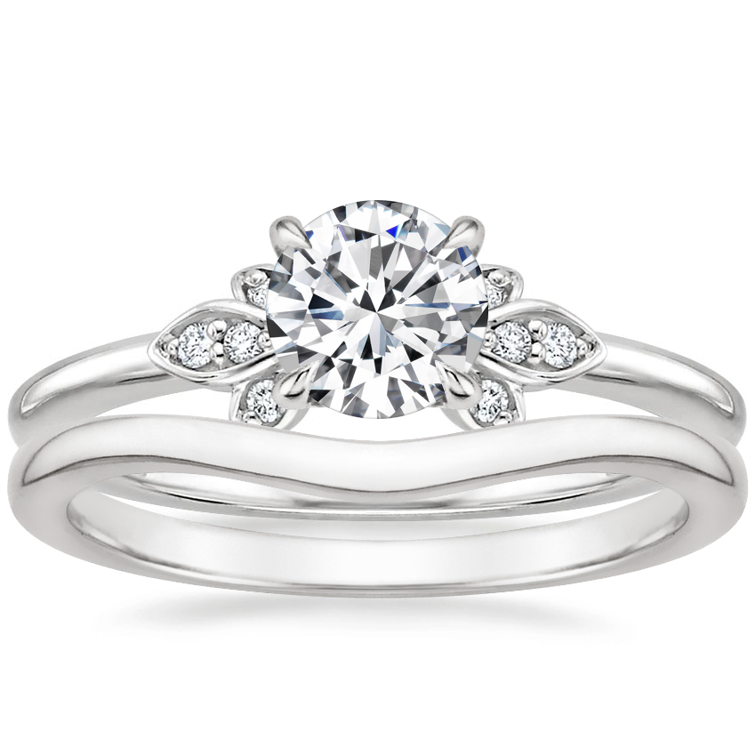 18K White Gold Fiorella Diamond Ring with Petite Curved Wedding Ring