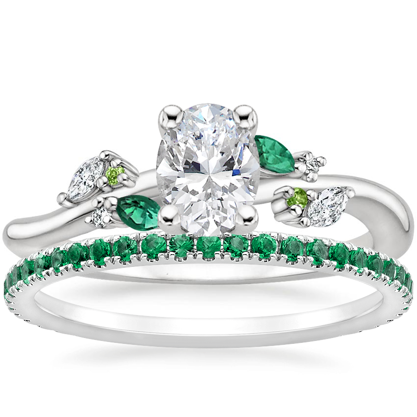 18K White Gold Arden Diamond Ring with Lab Emerald Accents with Luxe Ballad Emerald Ring