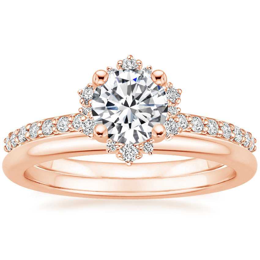 14K Rose Gold Flor Diamond Ring with Petite Comfort Fit Wedding Ring