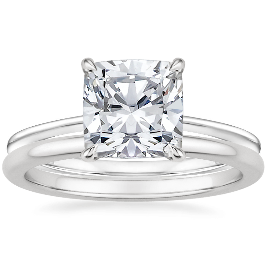 18K White Gold Petite Secret Halo Diamond Ring with Petite Comfort Fit Wedding Ring
