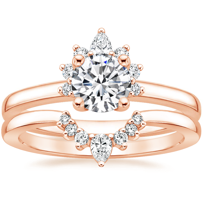 14K Rose Gold Crescent Diamond Ring with Lunette Diamond Ring