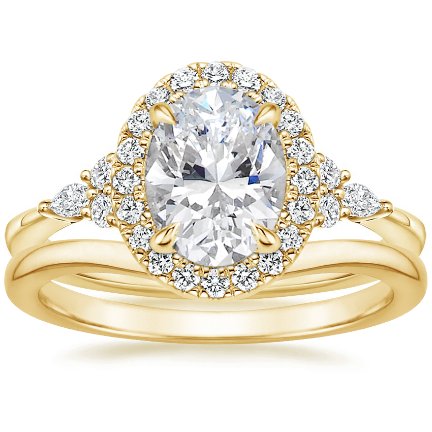 18K Yellow Gold Nadia Halo Diamond Ring with Petite Curved Wedding Ring