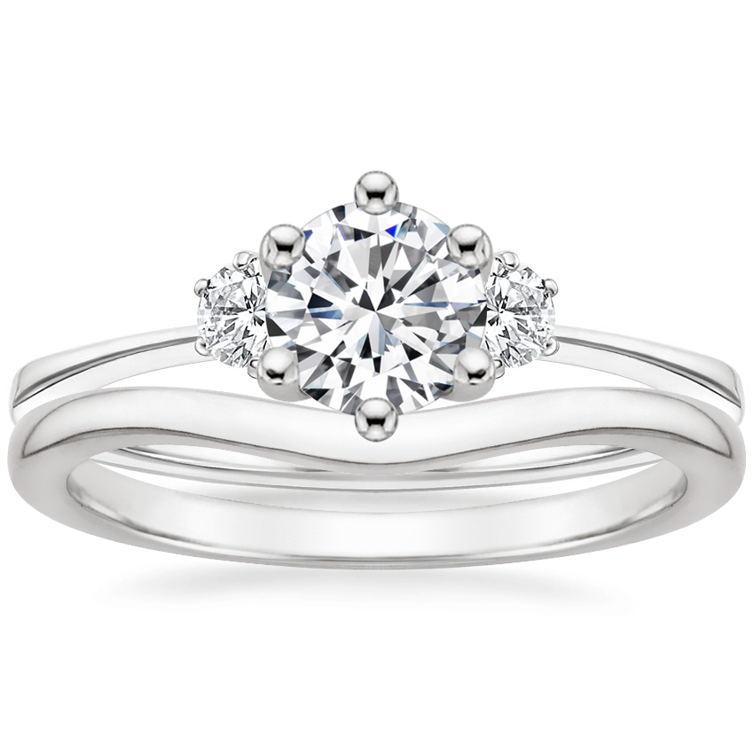 18K White Gold Tallula Three Stone Diamond Ring with Petite Curved Wedding Ring