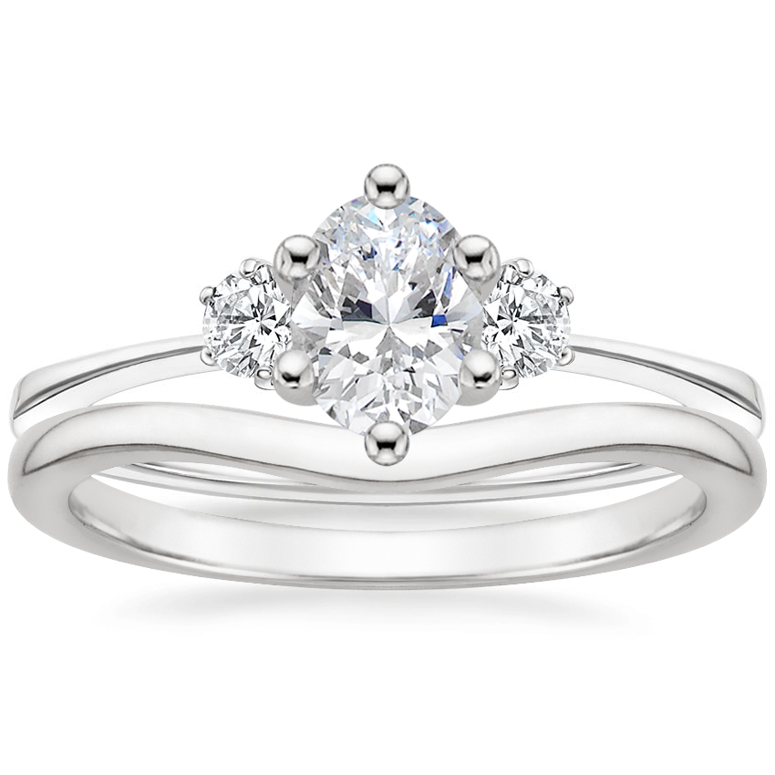 18K White Gold Tallula Three Stone Diamond Ring with Petite Curved Wedding Ring