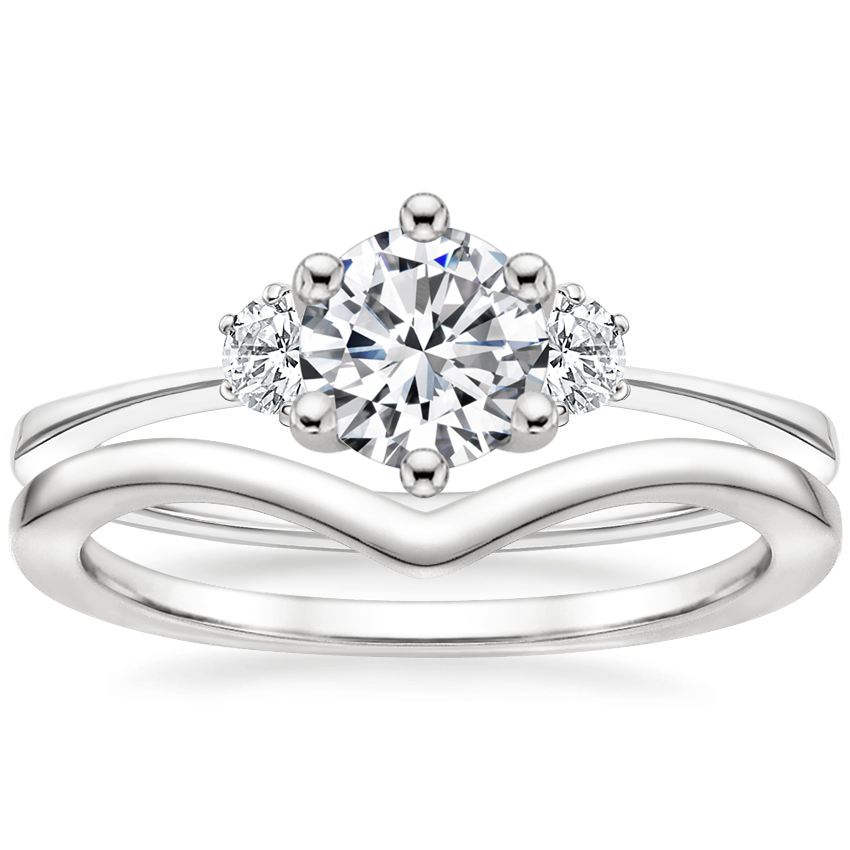 18K White Gold Tallula Three Stone Diamond Ring with Chevron Ring
